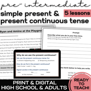 simple present and present continuous ESL grammar unit lessons activities for 4 language domains reading writing listening speaking