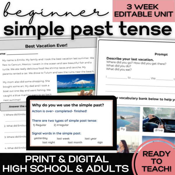 simple past tense full ESL unit with lessons activities assessment for high school and adult ELLS