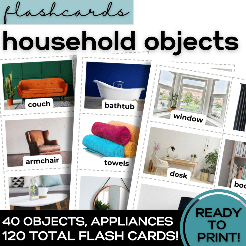 household objects, items in a home, flash cards