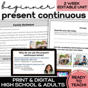 present continuous, present progressive cover for Everything for ELL, lessons and assessment for high school and adult ESL