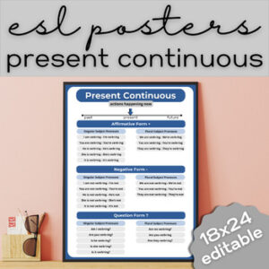 present continuous, present progressive tense ESL classroom poster high school and adult ell