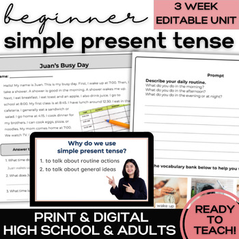 simple present tense cover for Everything for ELL unit lesson activities worksheets assessment for high school and adult ESL
