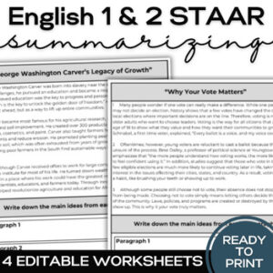 STAAR ENGLISH 1 & 2- Reading Worksheets for Paraphrasing & Summarizing-1