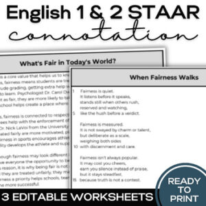 STAAR EOC ENGLISH 1 & English 2- Reading Worksheets for Connotation TEKS 2B-1