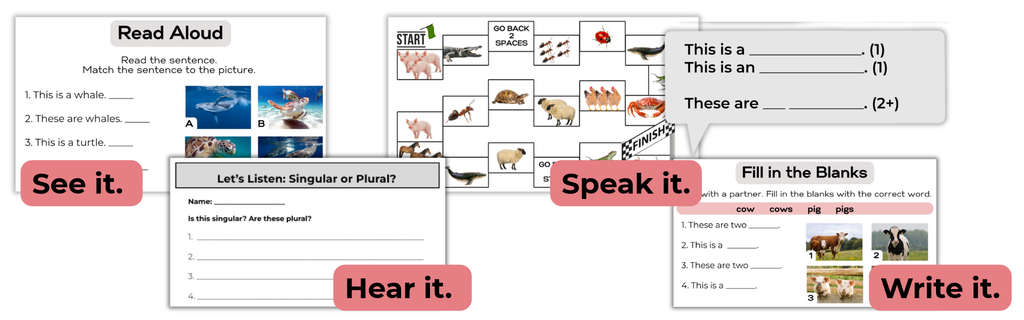 Plural Nouns: 3 Common Mistakes with Quick Fixes 1 Plural nouns, ESL activities, a read aloud, a listening activity, a board game with speaking stems, and a writing or labeling activity.